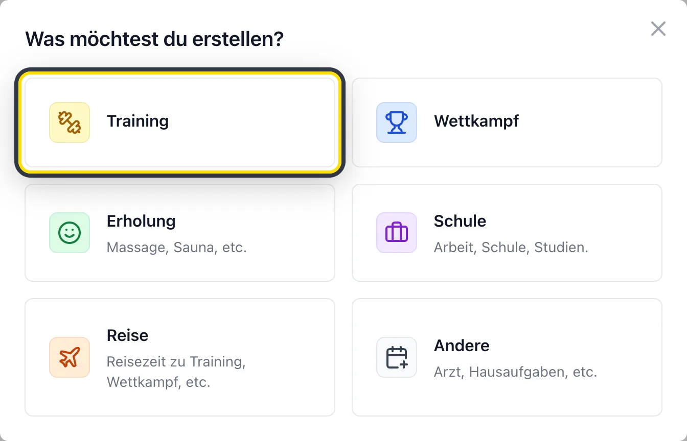 Dialog «Was möchtest du erstellen?» mit hervorgehobenem Training