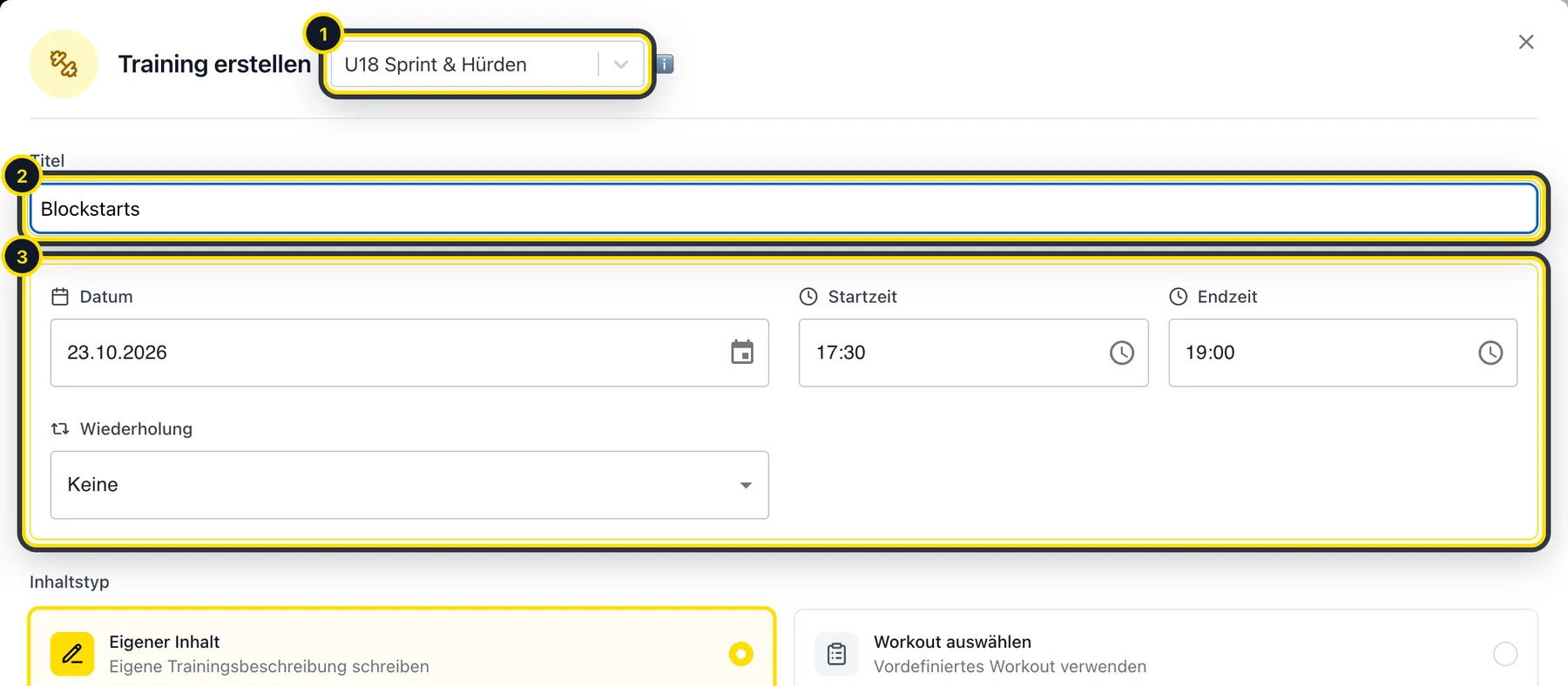 Formular zum Erstellen eines Trainings mit hervorgehobener Gruppe, Titel, Datum und Zeit