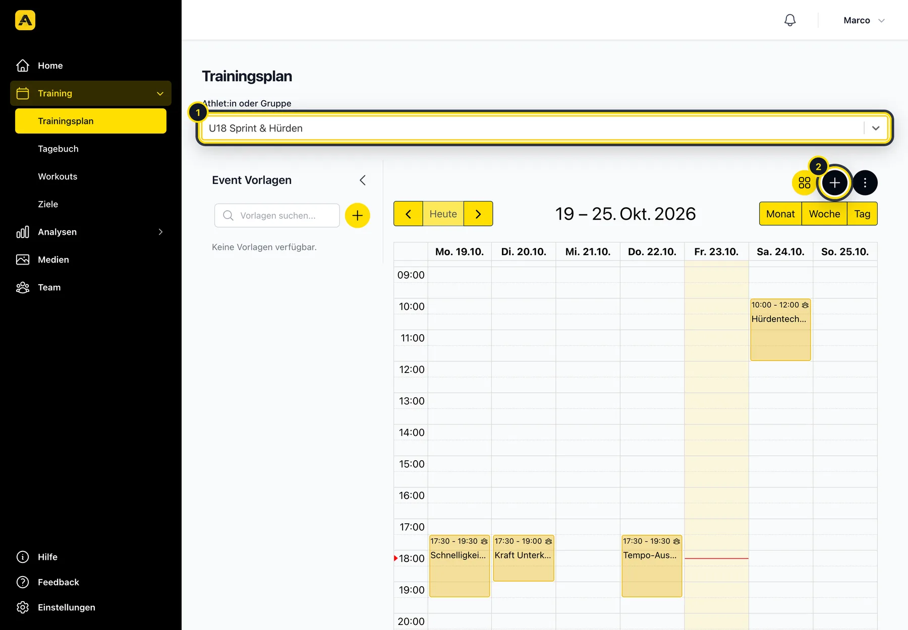 Trainingsplan mit hervorgehobener Gruppenauswahl und dem Plus-Button