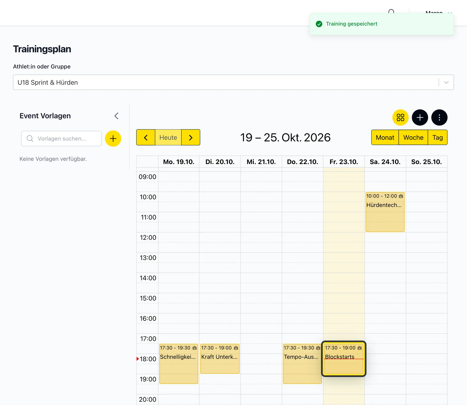 Kalender mit dem neuen Training