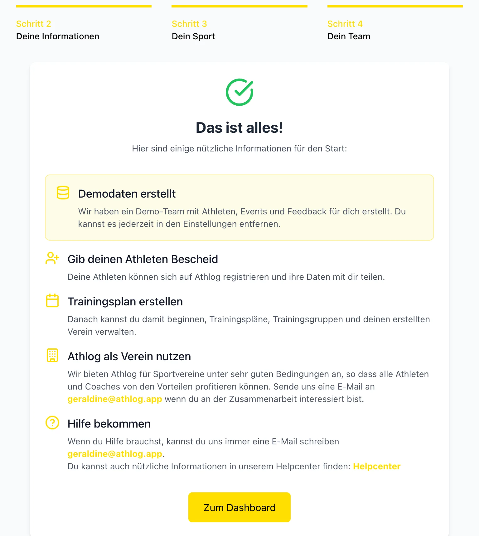 Abschlussseite des Onboardings