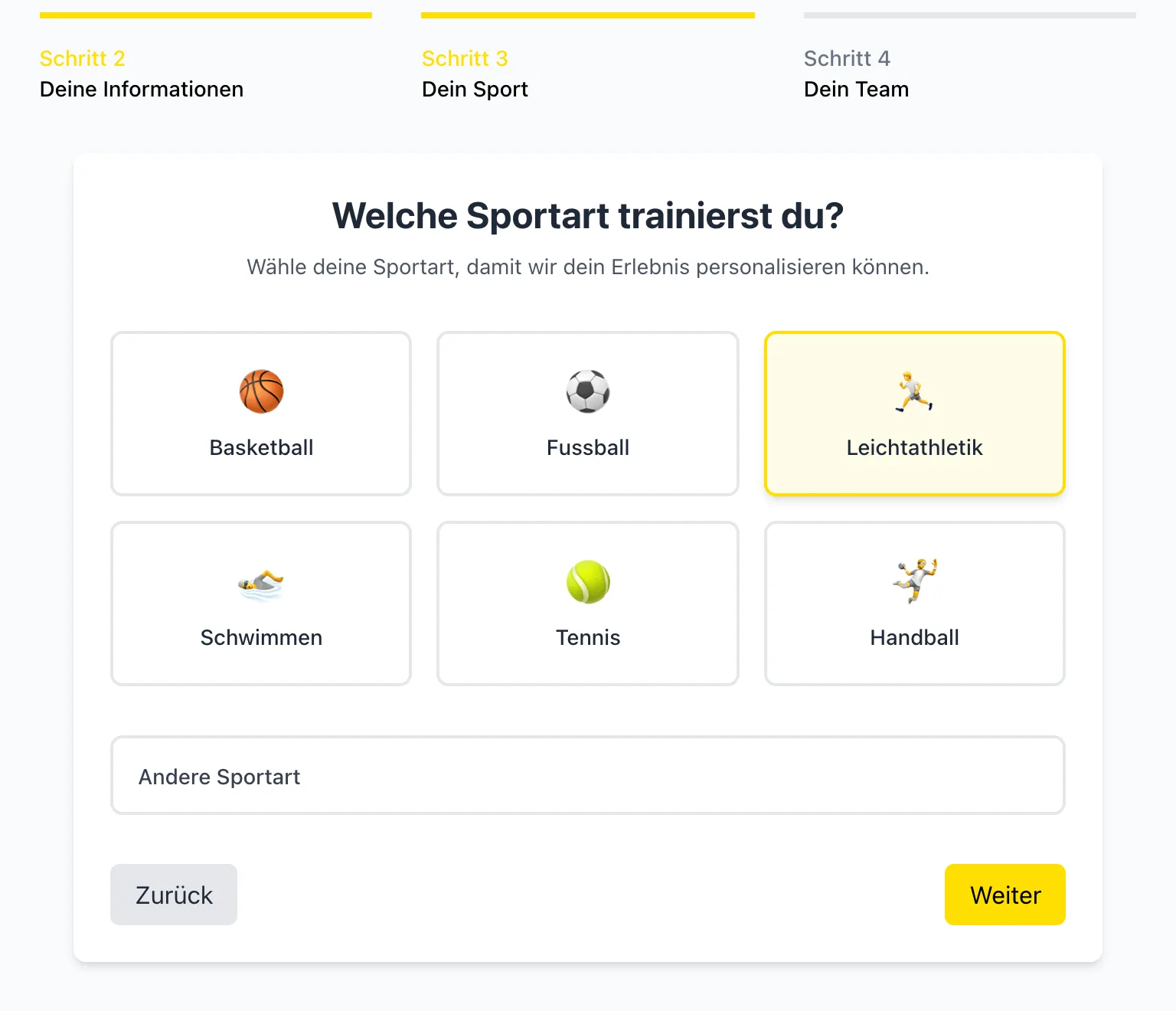 Onboarding-Schritt: Sportart wählen