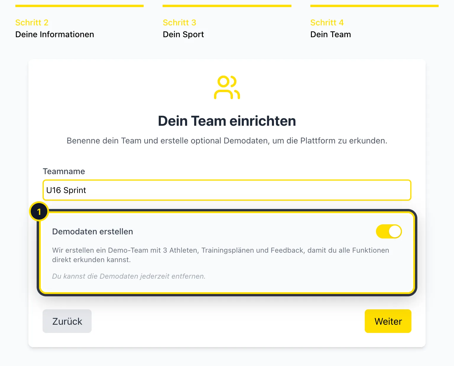 Onboarding-Schritt: Teamname und Schalter für Demodaten