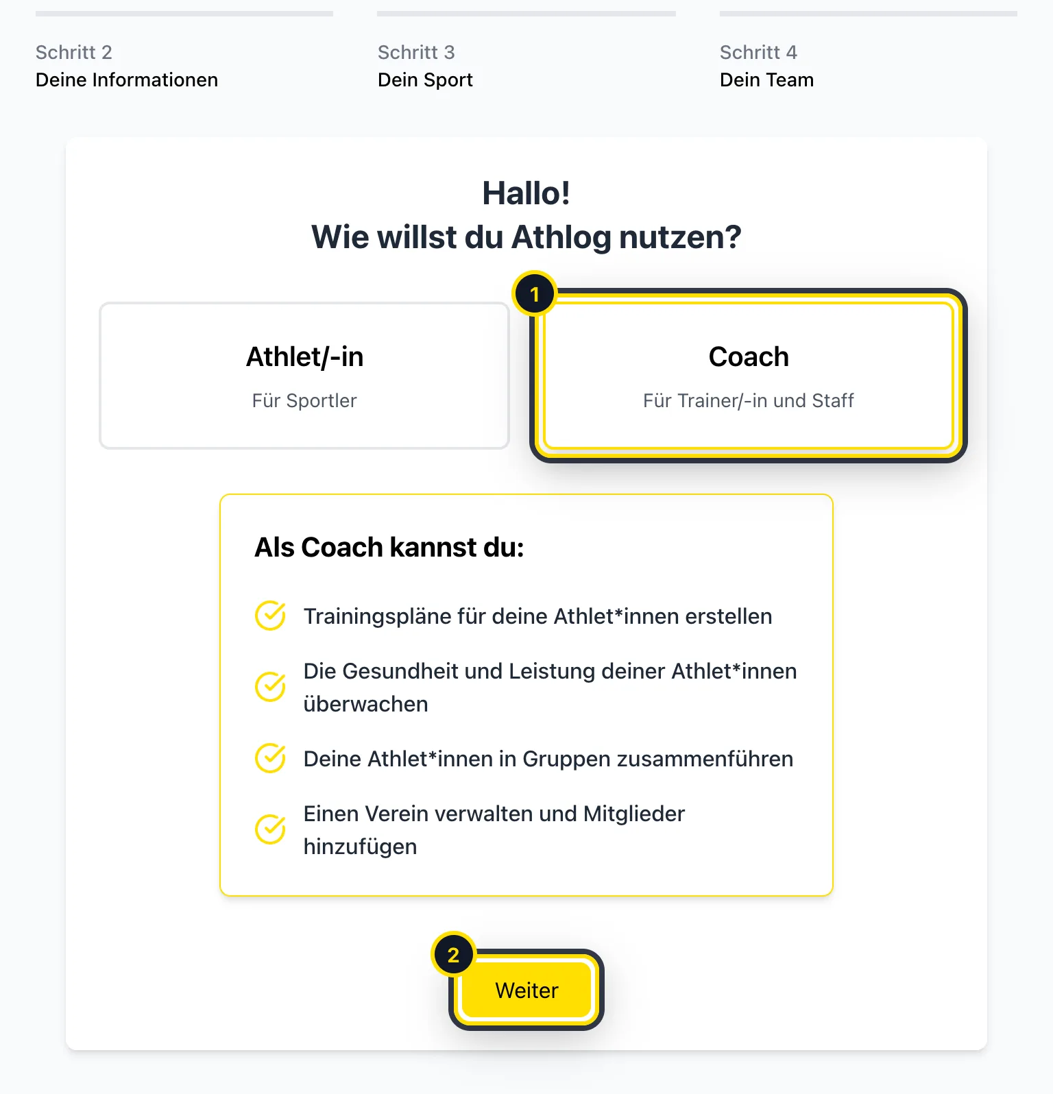 Onboarding-Schritt: Wahl zwischen Athlet/-in und Coach
