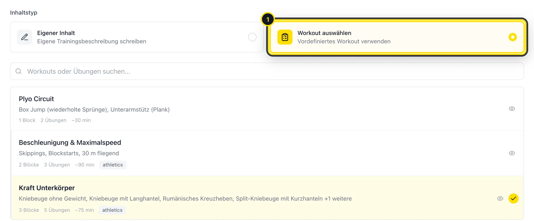 Trainingsformular mit «Workout auswählen» und einem ausgewählten Workout