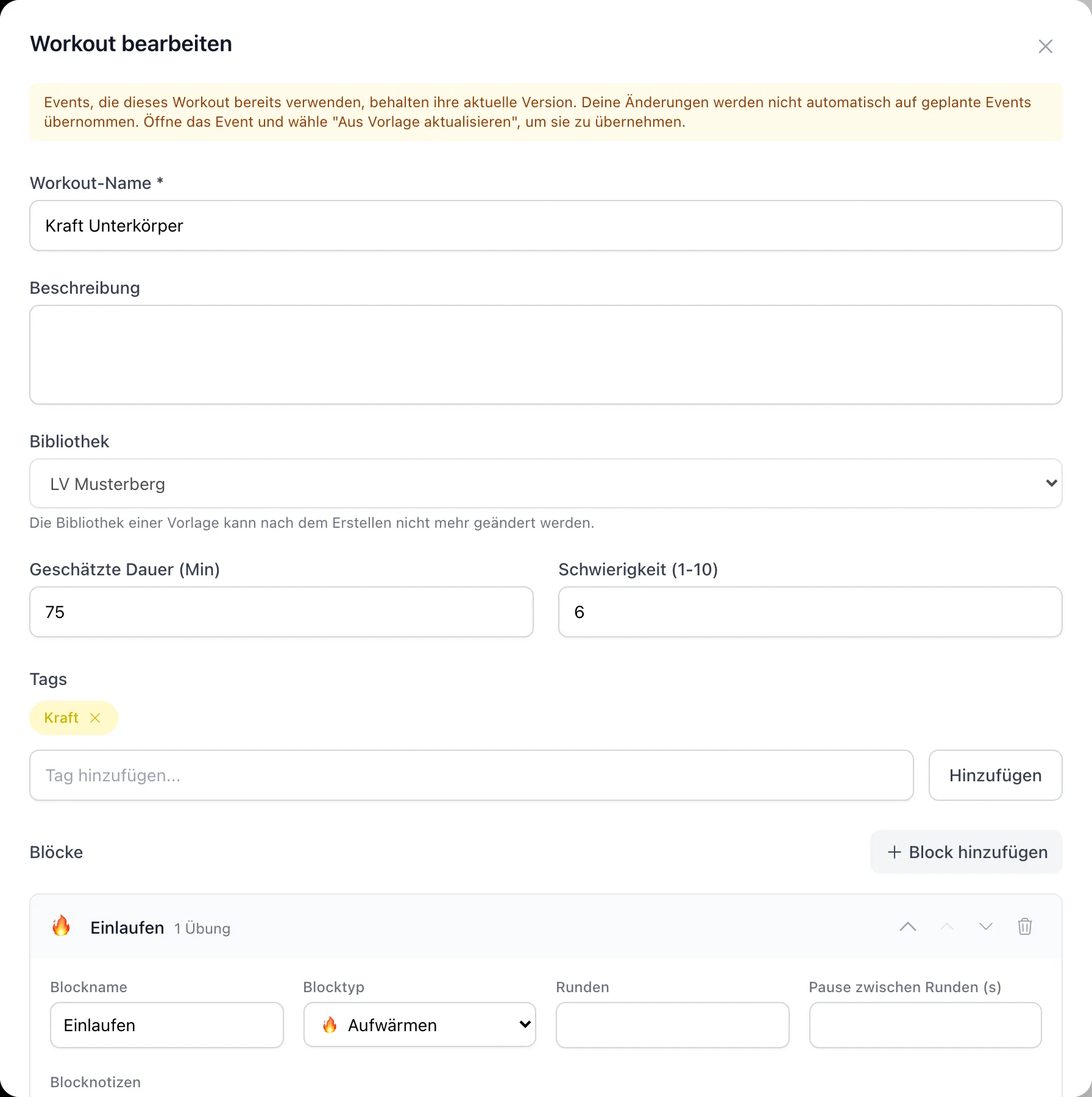 Workout-Builder mit Name, Bibliothek, Dauer und Tags