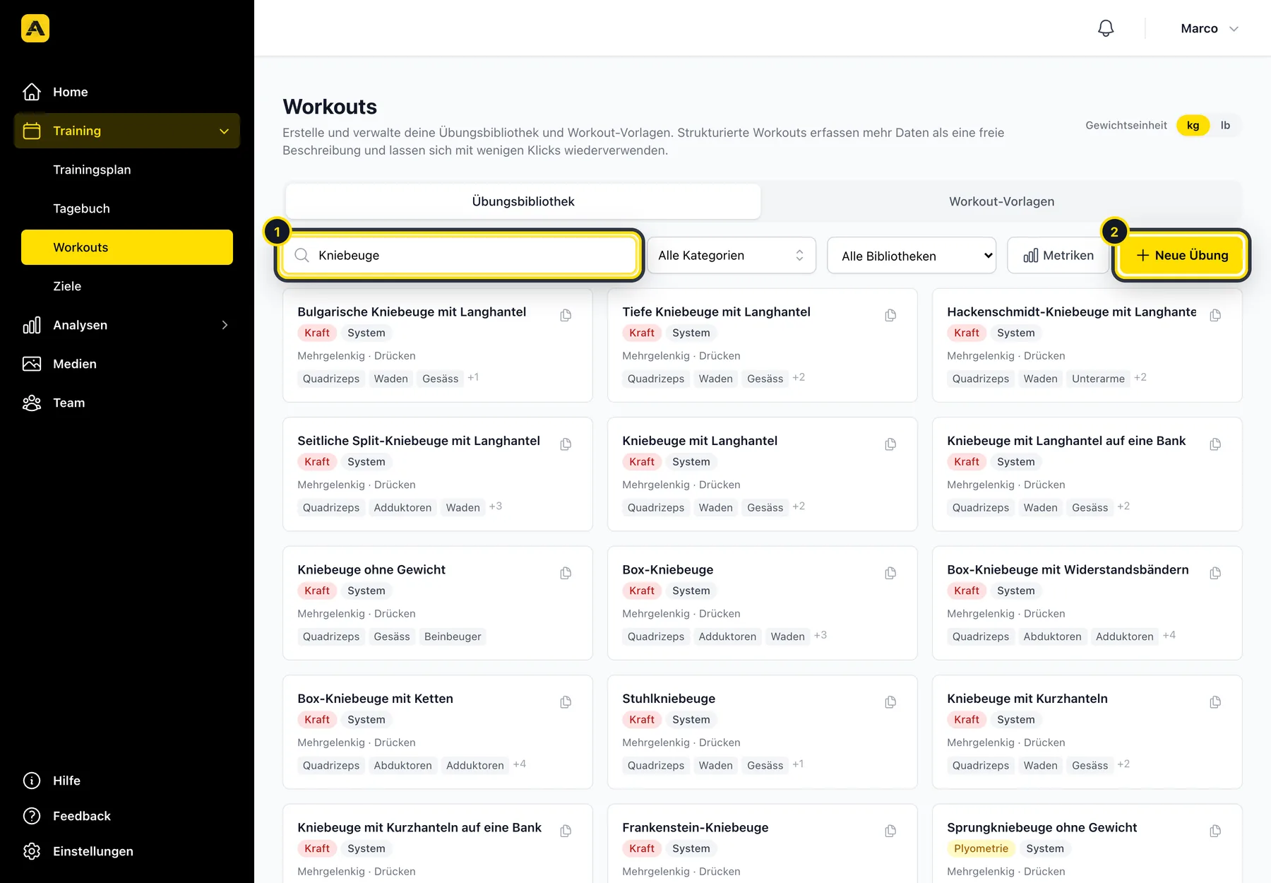 Übungsbibliothek mit Suche und dem Button «Neue Übung»
