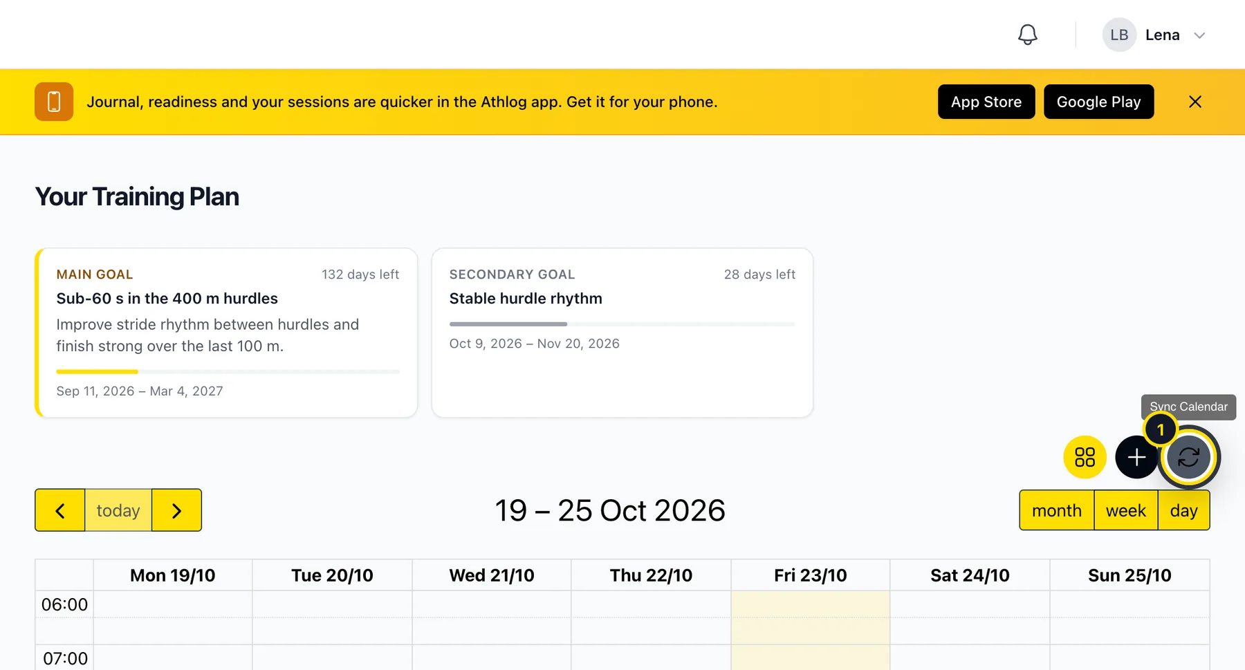 Training plan with the sync calendar button highlighted