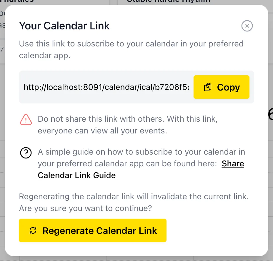 Calendar link dialog with the copy button