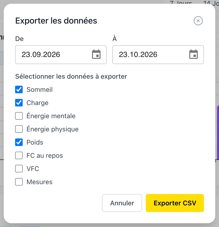 Fenêtre d'export avec la période et les types de données