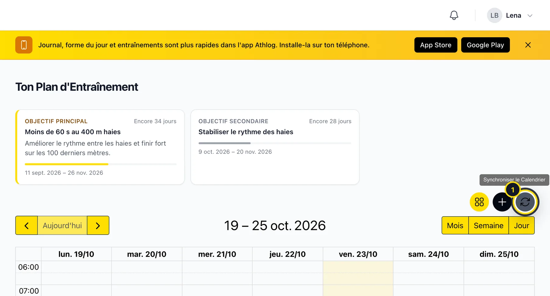 Plan d'entraînement avec le bouton de synchronisation du calendrier mis en évidence
