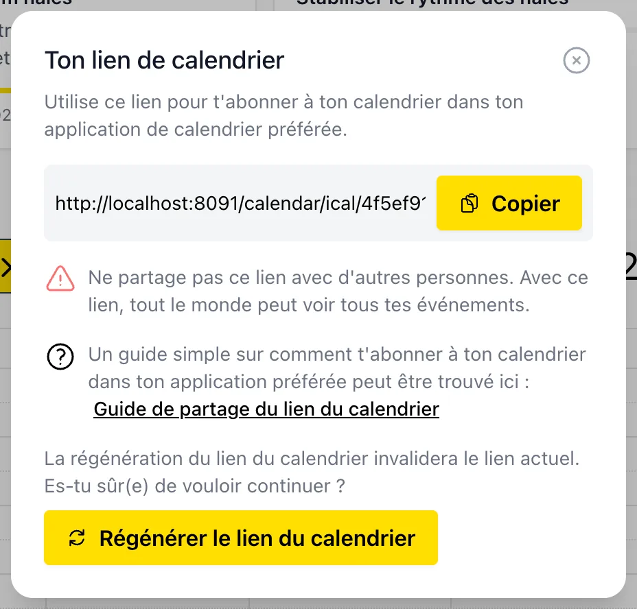 Fenêtre du lien de calendrier avec le bouton Copier
