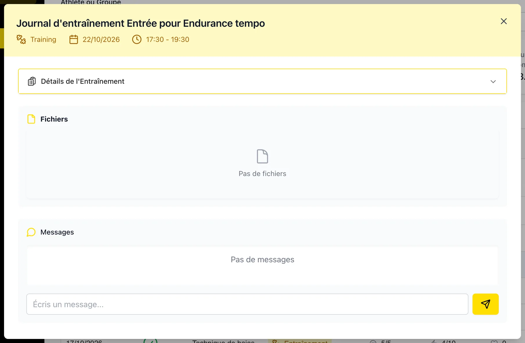 Entrée du journal d'entraînement d'un athlète