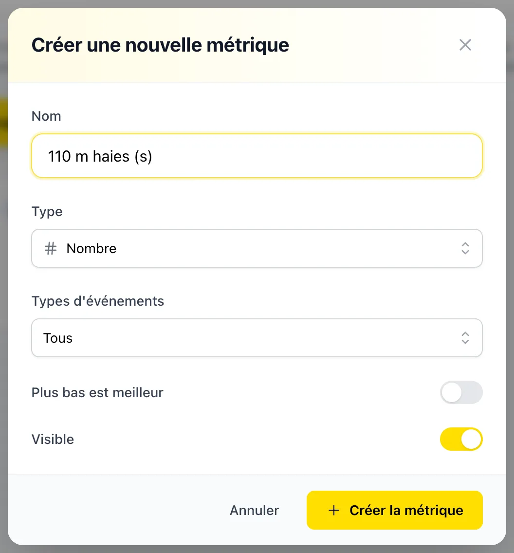 Fenêtre de création d'une métrique