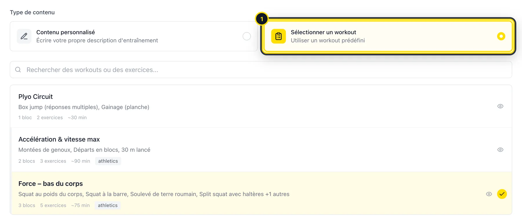 Formulaire de séance avec Sélectionner un workout choisi et un entraînement sélectionné