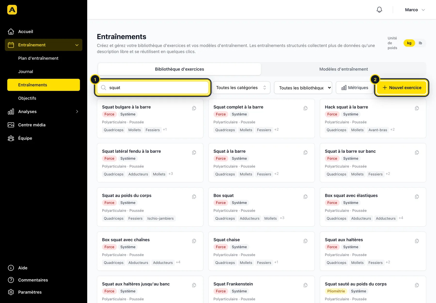 Bibliothèque d'exercices avec la recherche et le bouton Nouvel exercice